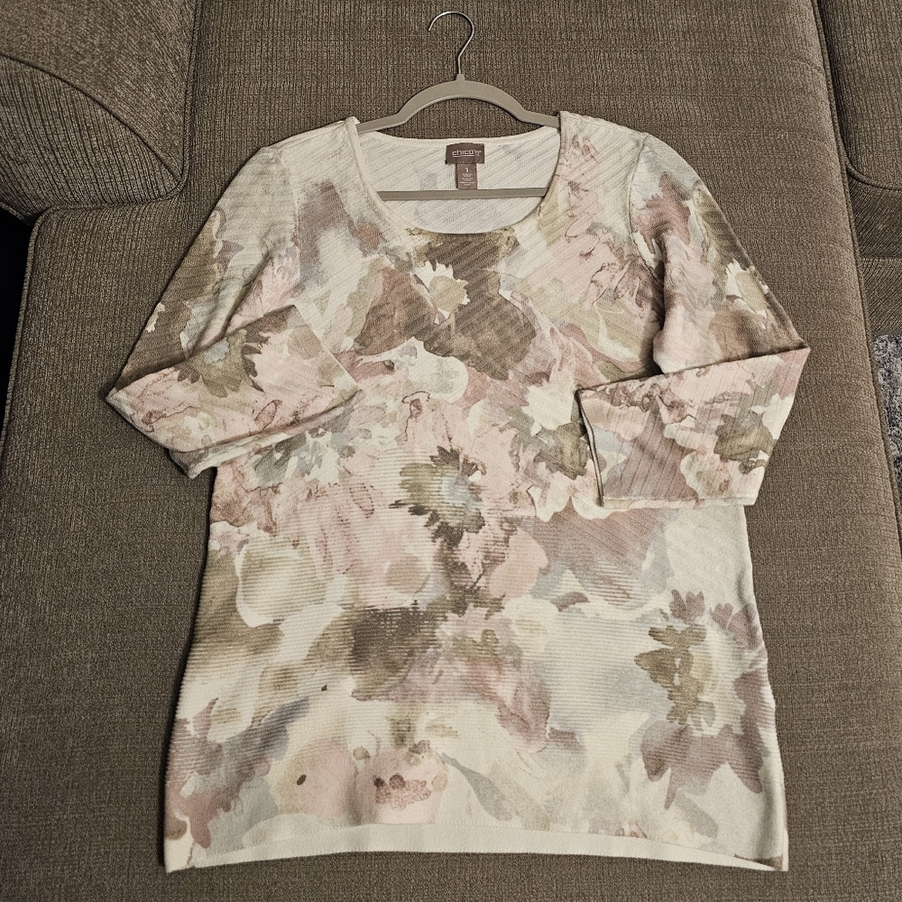 Chico's Pink Gray Floral Watercolor Boho Casual Nylon Blend Sweater Size 1/Med